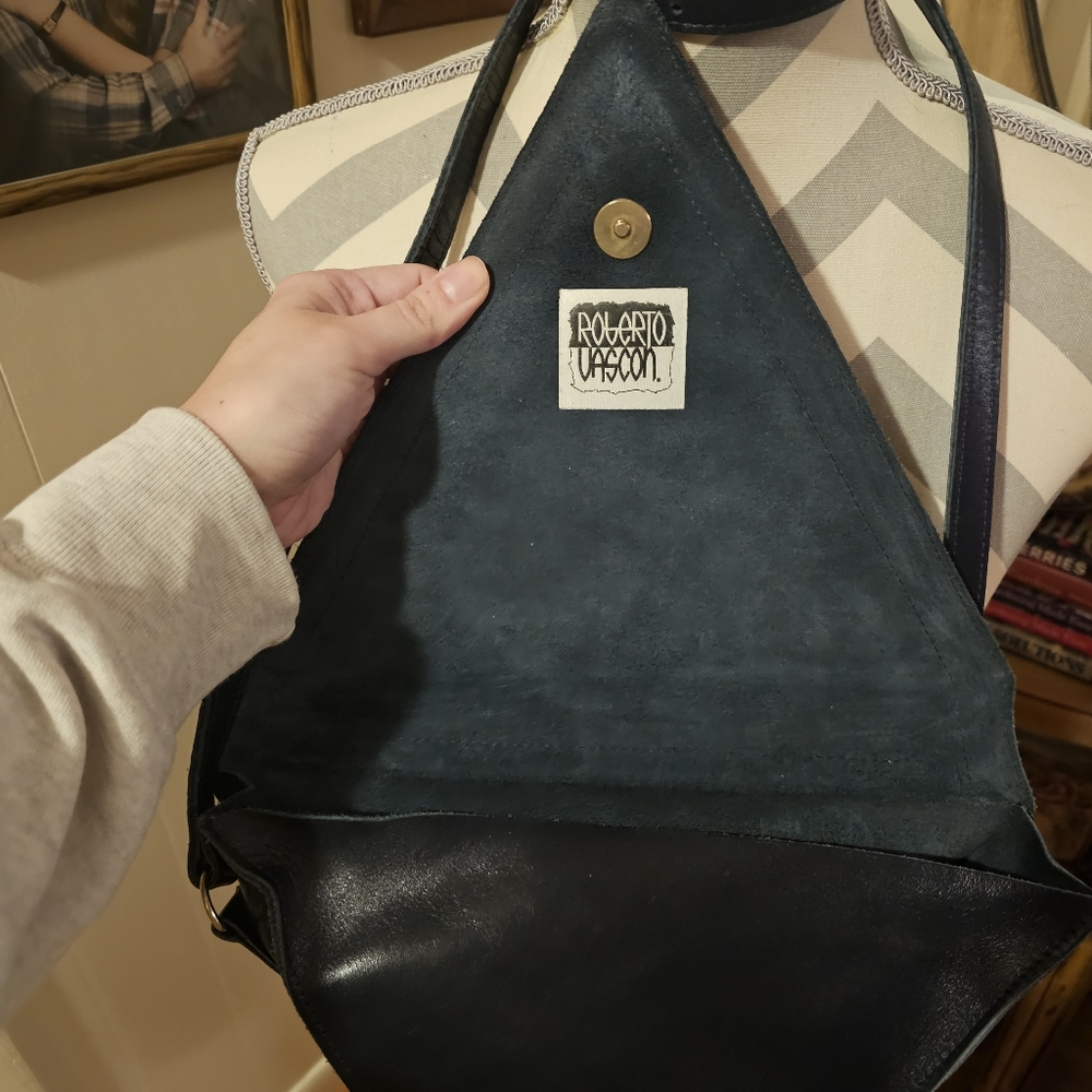 Roberto Vascon Bag - 1980s Vintage - Leather + Snakeskin Print - Triangular - Picture 5 of 9